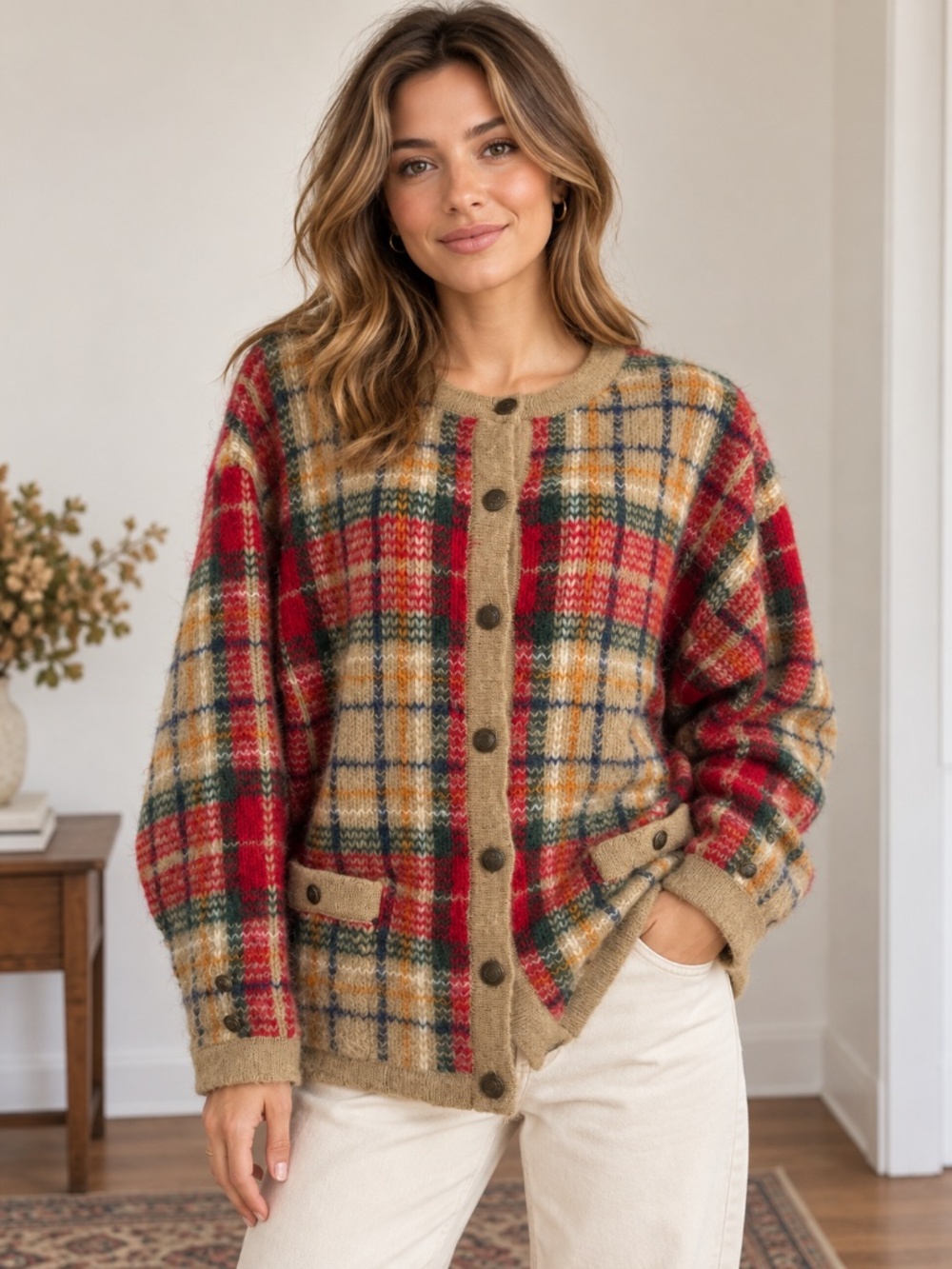 Vintage Cape Isle Knitters Mohair Blend Plaid Cardigan Sweater Red Tan Large